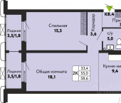 2-комн, 58 кв м, этаж 3/25 улица Солнечная Поляна, 75
